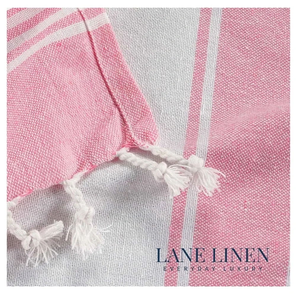 Lane Linen Turkish Beach Towel Pink and White Candy Pink Striped Towel w Tassels